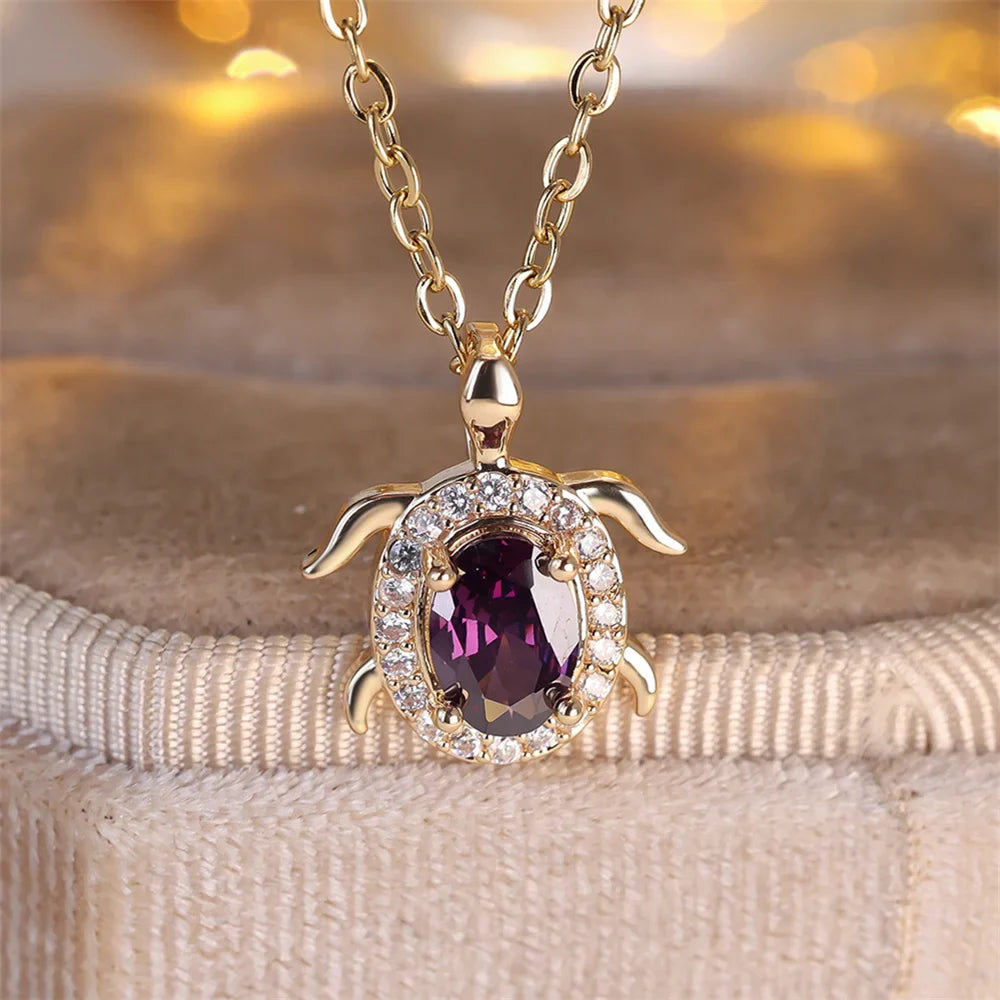 Purple Crystal Turtle Pendant Necklace