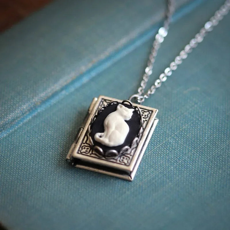 Vintage Cat Book Pendant Necklace – Rotating Page Design