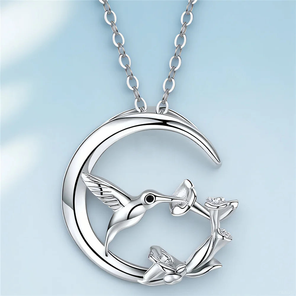 Moon Bird Vintage Silver Pendant Necklace
