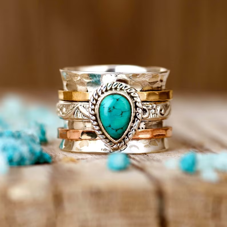 Antique Turquoise Inlaid Gold Silver Ring